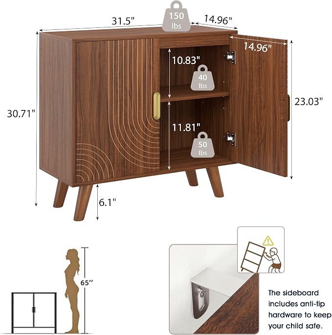 Sideboard Buffet Cabinet with Storage, Line-Grooved Storage Cabinet, Walnut | Accent Cabinet with Doors and Adjustable Shelf for Kitchen Dining Living Room Hallway‌ Entryway