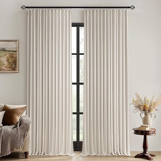 MIULEE Beige Pinch Pleated 100% Blackout Linen Curtains 90 Inch Length 2 Panels Set, Black Out Memory Trained Pleat Curtains Light Blocking Room Darkening Drapes for Bedroom Living Room Window