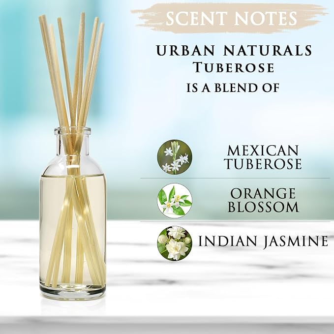 Urban Naturals Reed Diffuser Set, Tuberose - Bathroom Shelf Décor | Exotic Tuberose and Fragrant Orange Blossom, Floral Room Freshener with Reeds, Vegan. Made in The USA