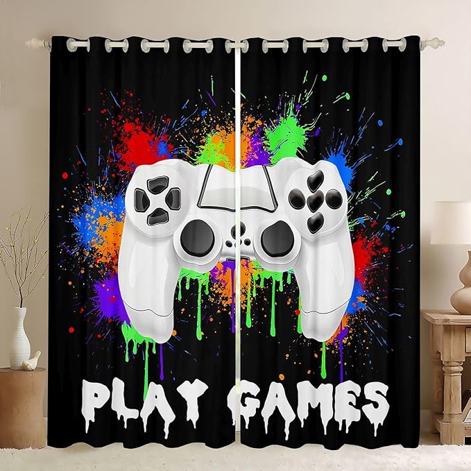 Feelyou Kids Boys Graffiti Gamer Window Curtains Black Gaming Blankout Curtains Game Darkening Drapes for Toddler Game Room Decor Window Treatments (2 Panels, 52 x 90 Inch)