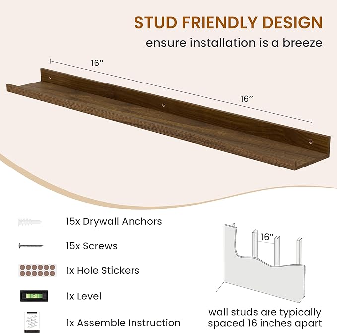 Axeman Picture Ledge Shelf, Floating Shelves for Decor Storage Set of 6, 36 inch Floating Wall Mounted Shelves, Wall Shelves with Lip for Living Room, Bedroom, Nursery, Bathroom, Kitchen, Walnut