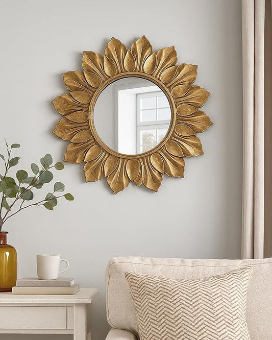 Sunflower Sunburst Wall Mirror, 26" Distressed Gold Wooden Frame, Handcrafted Petal Floral Design, Vintage Farmhouse Style Mirror for Wall Decor for Living Room, Bedroom, Bathroom, Vanity