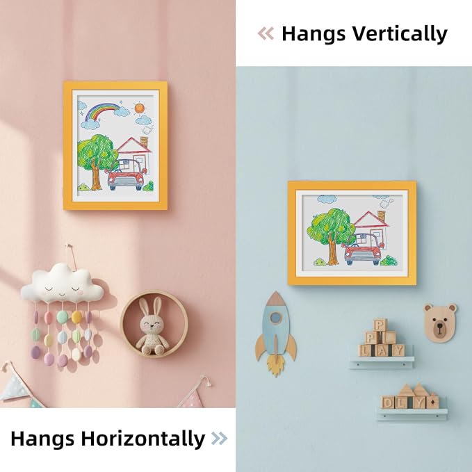 Kids Art Frames 9x12 Set of 2 - Front Opening Childrens Picture Frame Changeable, Wood Artwork Display Storage for Wall Mount, Magnetic Door Holds 50 Art Pieces for Drawings, 3D Picture, Crafts, Portfolio, Yellow
