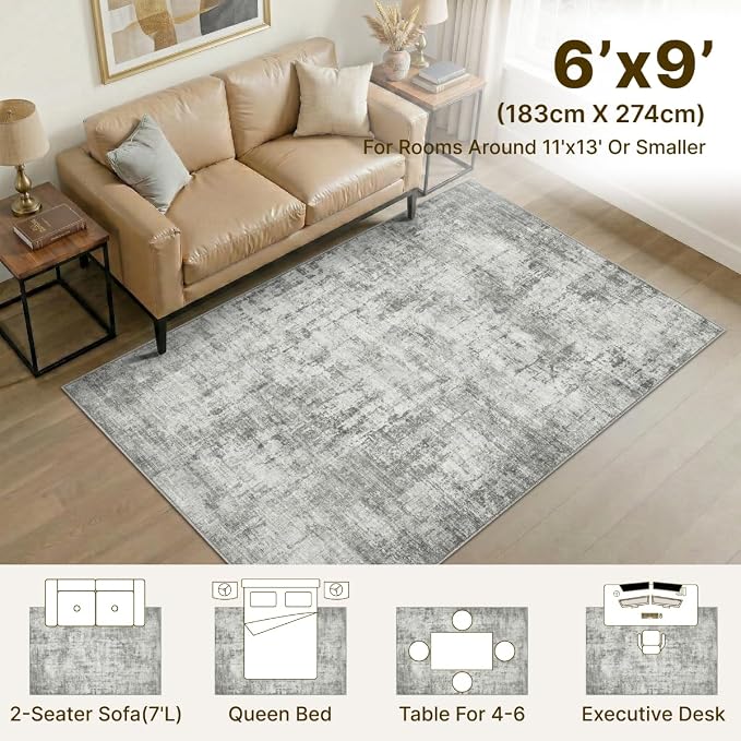 6x9 Area Rugs Washable Living Room Rug-No Slip Soft Carpets Modern Abstract Indoor Floor Stain Resistant Carpet for Bedroom Dining Room Farmhouse Nursery Home Office Grey