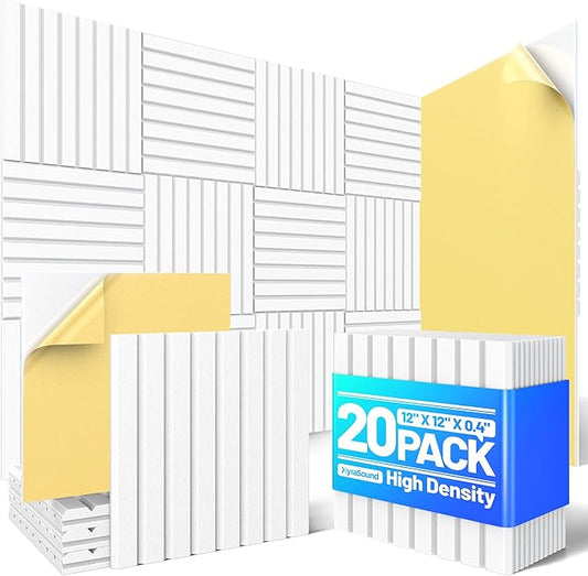 20 Pack Sound Proof Foam Panels for Walls, Acoustic Panels with Self-Adhesive 12" X 12" X 0.4" Slatted Soundproof Wall Panel, High Density Sound Absorbing Panel for Gaming Recoding Studio Decor-White