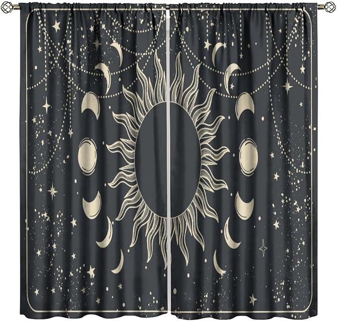 Golden Sun Moon Phases Stars Blackout Curtains, Cosmic Galaxy Bohemian Print Window Drapes, for Bedroom Living Room 63" W X 72" L