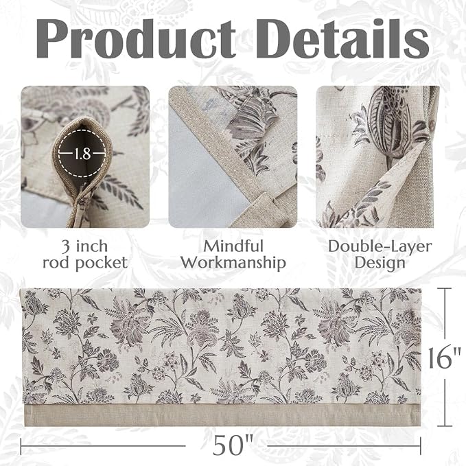 jinchan Floral Valance Curtain Linen Kitchen Valance for Windows 16 Inch Farmhouse Light Filtering Gray Floral Short Window Treatment for Living Room 1 Panel Rod Pocket Double Layer Grey on Beige