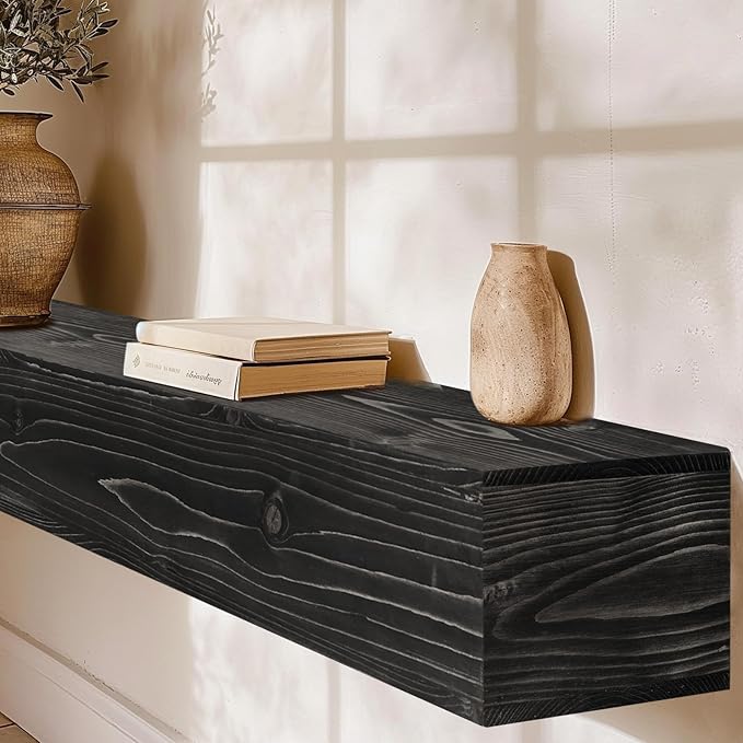 Fireplace Mantel Handmade, 6'' Thick Wall Decor Long Floating Shelf, 72inch Rustic Wood Shelf with Invisible Brackets, Black