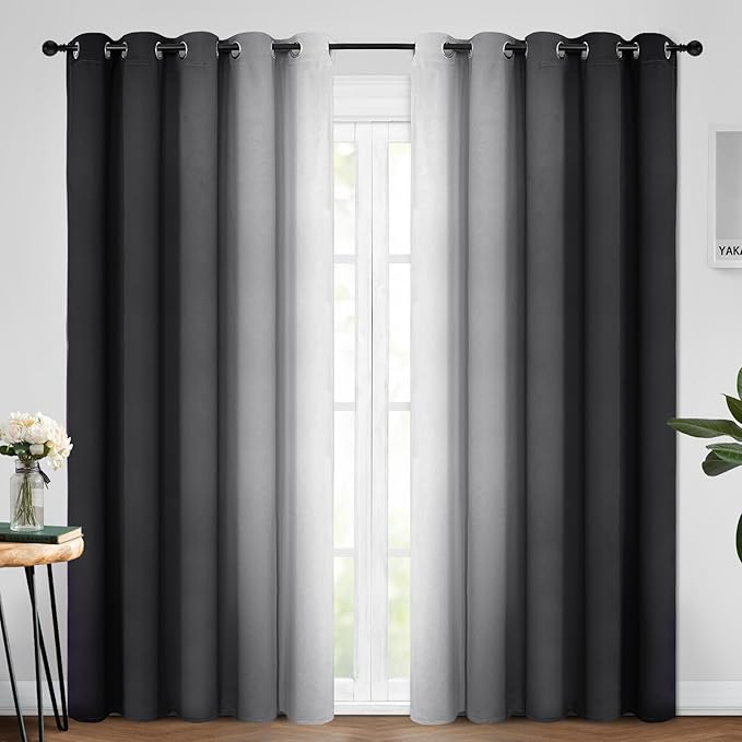 Yakamok Ombre Curtains Black and Greyish White for Living Room,62Wx84L | Room Darkening Curtains 84,Thermal Insulated Gradient Color Drape,Light Blocking Grommet Window Curtains for Bedroom,2 Panels
