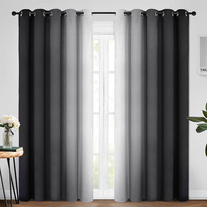 Yakamok Ombre Curtains Black and Greyish White for Living Room,62Wx96L | Room Darkening Curtains 96,Thermal Insulated Gradient Color Drape,Light Blocking Grommet Window Curtains for Bedroom,2 Panels