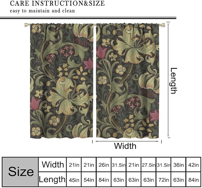 Vintage Flower Blackout Window Curtains, William Morris Style Art Floral Rustic Plant Wildflower Window Drapes, for Living Room Bedroom 21(W)*63(L) 2 Panels