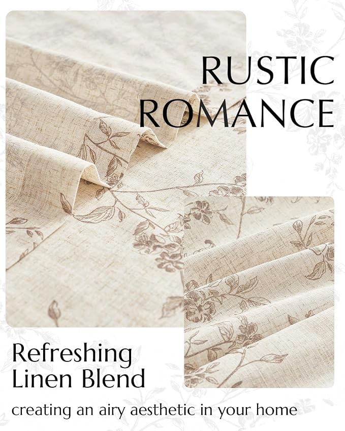 jinchan Taupe Floral Linen Curtains 84 Inch Farmhouse Back Tab 2 Panels | Flower patterned drapes, french country, light filtering, semi sheer, printed, bedroom, living room, office, window treatment