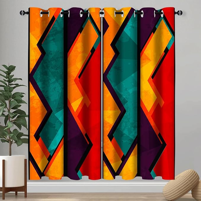Colorful Abstract Red Orange Blackout Window Curtains, Geometric Cyan Pattern Aesthetic Art Living Room Bedroom Decor Thermal Curtain Darkening Grommet Window Drapes Treatments, 2 Panels 52x84 Inch
