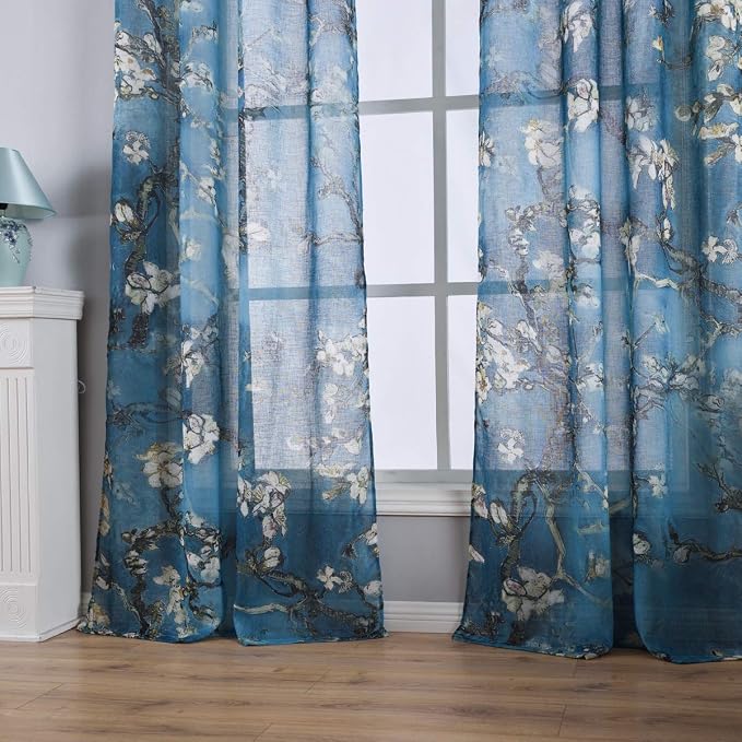 Taisier Home Apricot Blossom Sheer Curtains Printed,Vintage Blue Curtain Drapes for Bedroom/Nursery Elegant Decorative Curtains 2 Panels Set,Ring Top Style Print Drapes,52" W×63”L