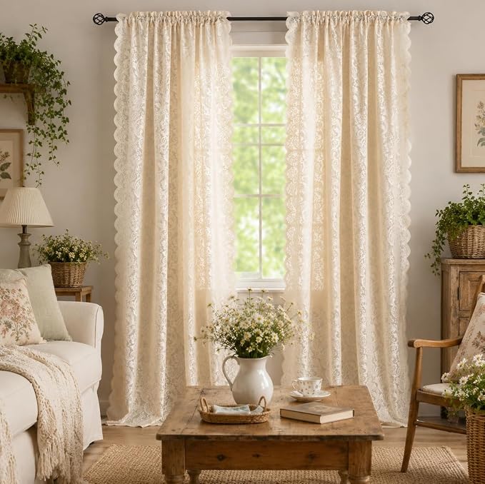 ALIGOGO Beige Curtains 108 Inches Long, Fancy Sheer Floral Lace Curtains for Living Room Bedroom, Light Filtering Rod Pocket Corchet CottageCore Window Treatments Set of 2, 52 x 108 Inch, Light Brown