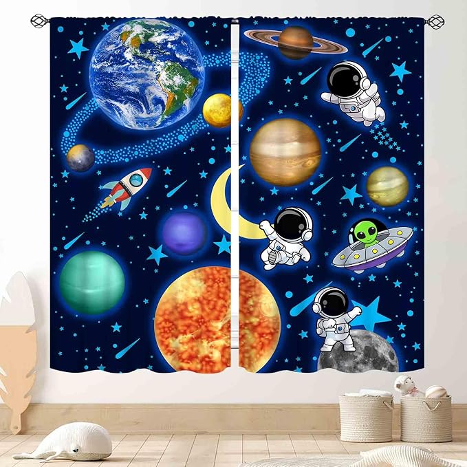 Space Curtains, Kids Boys Solary System Universe Outer Space Planet Astronaut Galaxy Blackout Window Drapery Treatments for Living Room Nursery Playroom 2 Panels, 42"x54" Inch