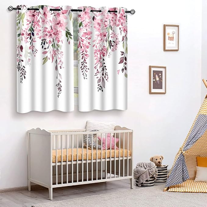 Pink Watercolor Floral Curtains, 52x63 inch, 2 Panels | Botanical Leaves Vine Flowers, Rustic Farmhouse Style, Blackout Window Treatment, For Bedroom Living Room