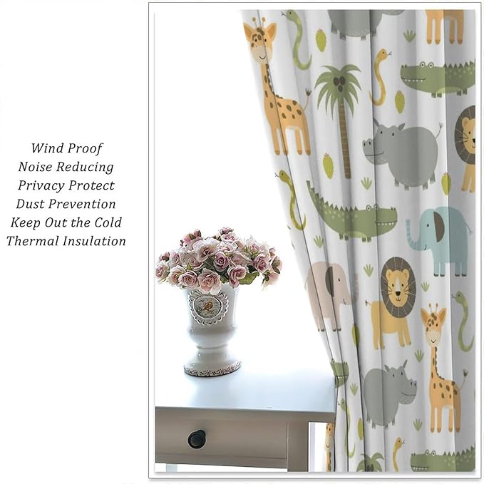 YCness Nursery Safari Animals Curtains, Baby Boy Girl Kids Woodland Jungle Forest Lion Elephant Printed Curtains for Living Room Bedroom Window Drapes 2 Panel Sets42x45 Inch