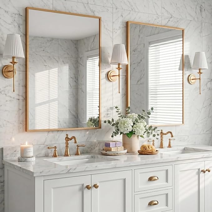 2-Pack 24"x36" Vintage Gold Framed Bathroom Vanity Wall Mirrors | For Over Sink, Warm Champagne Bronze Finish, Subtle Fine-Grain Texture, Deep-Set Metal Frame, Tempered Glass