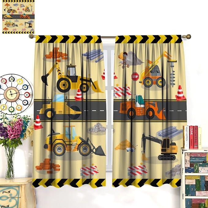 Excavator Truck Blackout Curtain,Kids Boys Cartoon Car Construction Equipment Vehicles Curtains for Dining Room Living Room Kitchen Cafe Bedroom Office Drapes,42x45 in