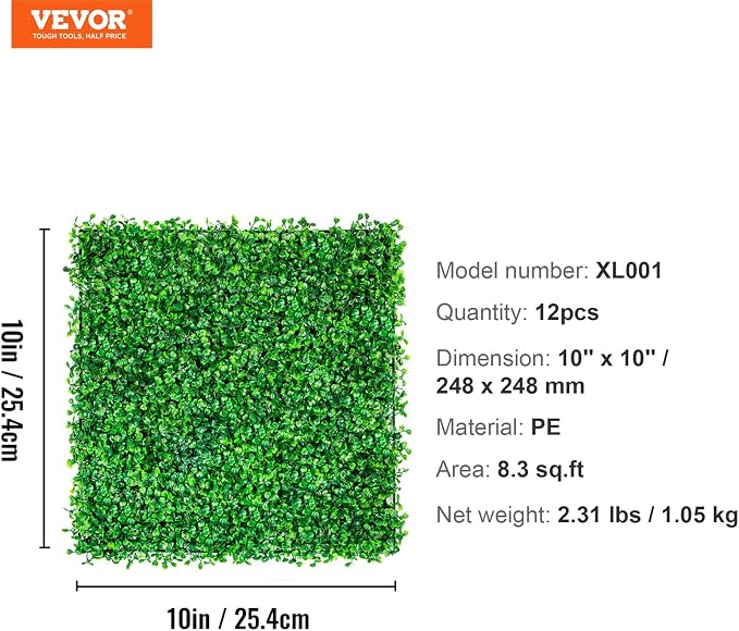VEVOR Artificial Boxwood Panels,12PCS 10x10 inch, Artificial Grass Backdrop Wall Boxwood Hedge Wall Mat, Privacy Hedge Screen UV Protected for Outdoor Indoor Garden Fence Backyard