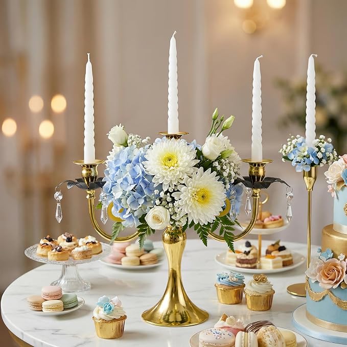 6 Pcs 3 Arm Black and Gold Candelabra Party Decorations - 11.8 Inch Tall Candle Holders, Elegant Taper Candlestick Stand for Wedding, Dining Table, Christmas Party Home Decoration