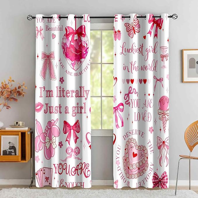 LUVIVIHOME Pink Bow Curtains, Cute Preppy Coquette Blackout Curtains for Girls Bedroom Living Room, Butterfly Floral Bowknot Girly Room Decor, Inspirational Gifts for Women, 2 Panel Sets, 42x63 Inch