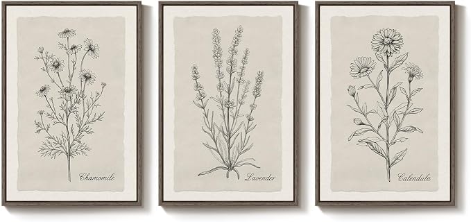 Framed Farmhouse Botanical Canvas Wall Art for Living Room, 3 Piece Large Vintage Neutral Floral Line Artwork for Walls, Minimalist Rustic Sketch Art Prints Paintings for Bedroom Kitchen, 24x36 Inch