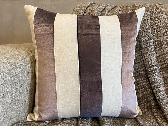 The HomeCentric Striped Decorative Throw Pillow Covers 24" x 24" | Modern Velvet Cushion Cover | Patchwork Aubergine Pillowcases for Couch, Sofa, Bed, or Living Room - Velvet Band Aubergine
