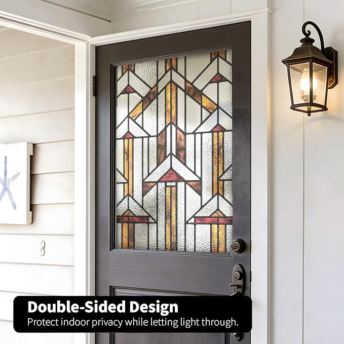 Faux Stained Glass Window Film, Decorative Window Privacy Film for Glass Decor, Static Cling Inspired by Frank Lloyd Wright, 22.83" x35.43" Hollyhock House, Boho