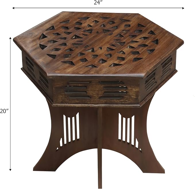 COTTON CRAFT Solid Wood End Table - Hand Carved Moroccan Accent Table - Boho Folding Side Table - Small Spaces Entryway Global Living Room Bedside - No Tools Assembly - 24x20 in - Dark Antique Brown