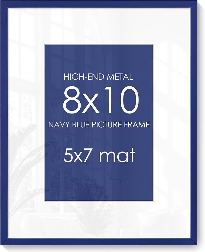 8x10 Picture Frame for 5x7 Photo, Minimalist Aluminum Frame, Navy Blue | Sleek Metal Wall Frame for Gallery, Desk, or Gift Giving | Shatterproof Glass & Wall Kit
