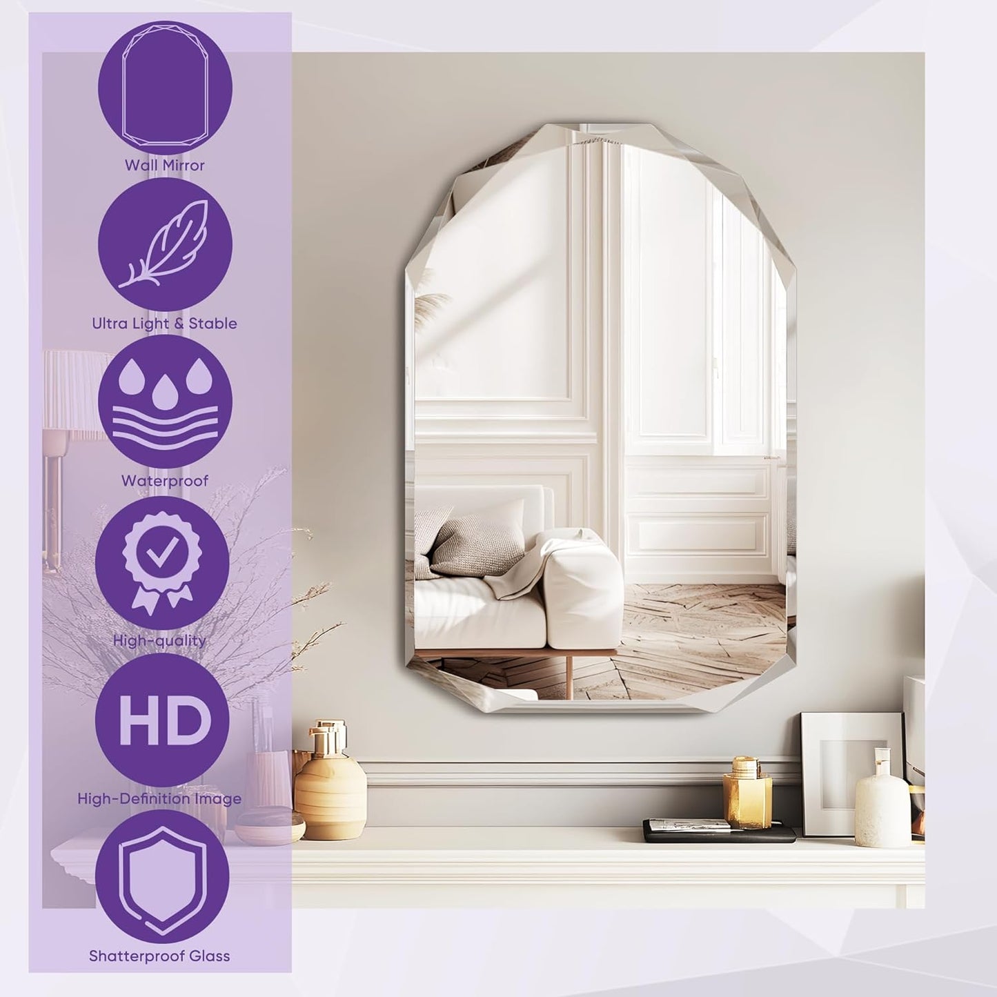 Bathroom Mirror for Wall, 24" x 36" Arched Mirror, Bathroom Vanity Mirror, Beveled Edge Frameless Wall Mount Vanity Mirrors, Wall Mirrors Decorative, Irregular Beveled Edge Mirror