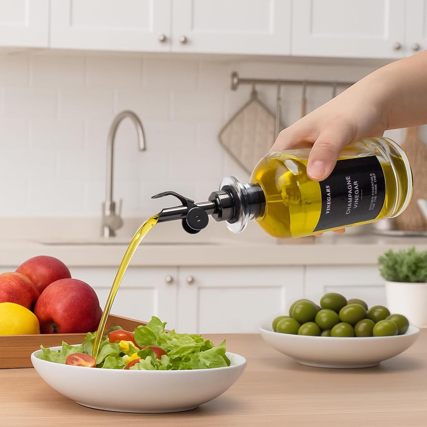 3PCS Olive Oil Dispenser Bottle For Kitchen, Soy Sauce Dispenser, Glass Oil and Vinegar Dispenser Set W. Wooden Tray & Labels & 3 Replacement Spouts, Coffee Syrup Dispenser