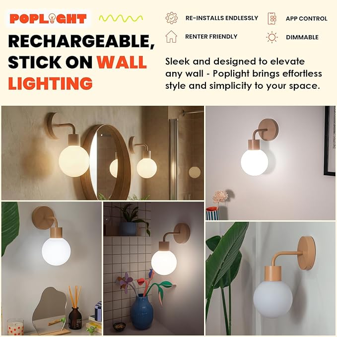 Poplight Wireless Wall Sconce (Shark Tank) Rechargeable & Dimmable LED Light w/App Control & Damage-Free Install, Moveable Modern Ambient Lighting for Elegant Home & Bedroom Decor | Mushroom