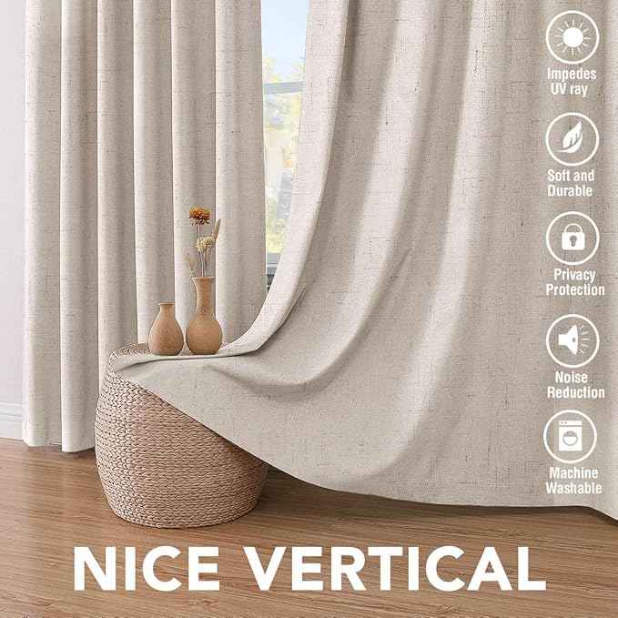 H.VERSAILTEX Linen Look 100% Blackout Curtains 84 Inches Long for Bedroom Full Light Blocking Rod Pocket 42 Inches Wide Linen Textured Thick Window Curtain Drapes with White Backing, Natural, 2 Panels