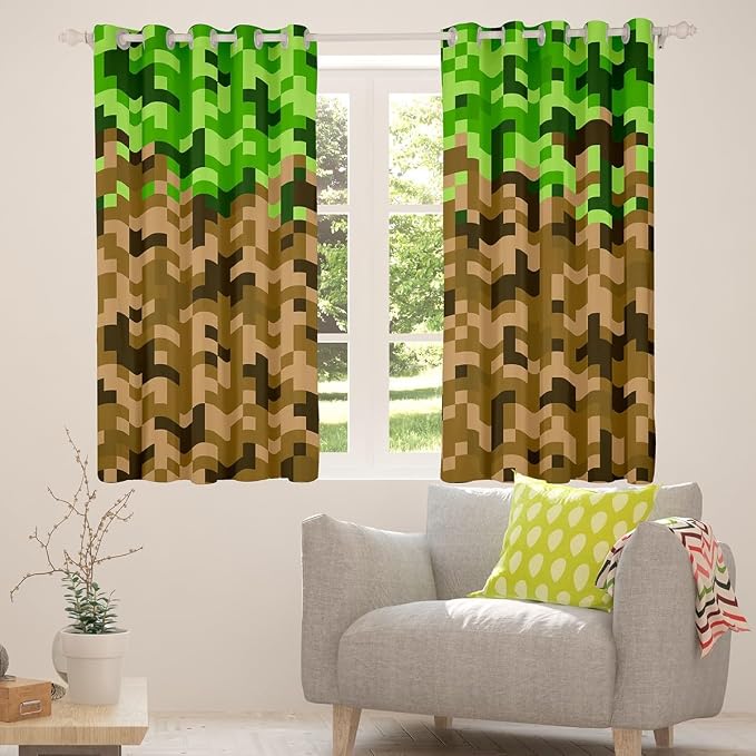 Miners Style Square Grid Window Curtain,Brown Green Army Camo Curtains for Kids Boys Teens Men Room Decor,Cartoon Gamepad Modern Window Treatment Curtain Pixelated Games Window Drapes,52Wx84L