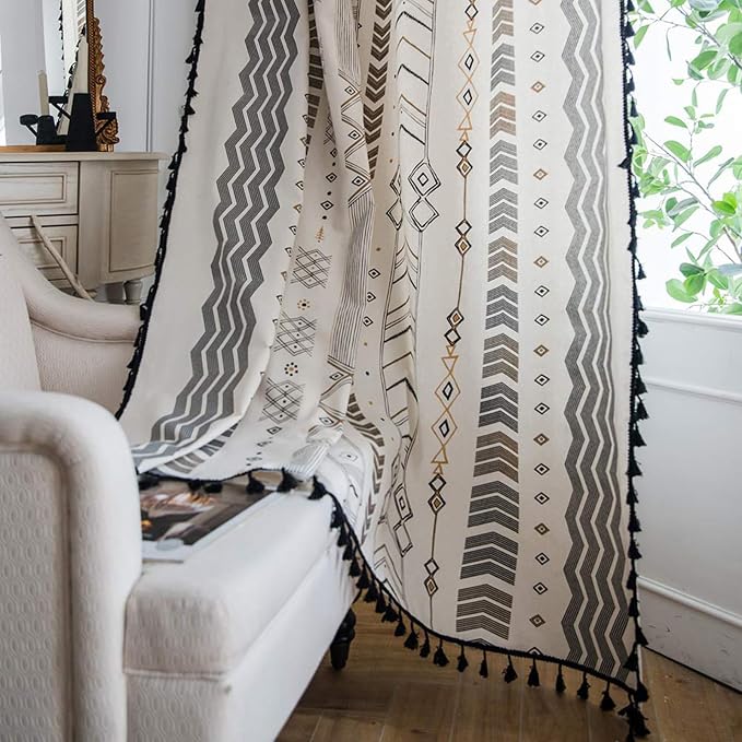 ColorBird Boho Long Floor to Ceiling Curtains 108 Inches Sliding Door Curtains & Drapes for Patio Door Window 2 Panels Black and White Western Aztec Long Drapes with Tassel Rod Pocket for Living Room