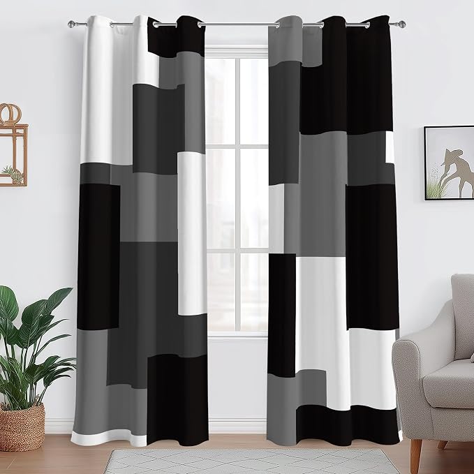 Tyrot Black Grey 100% Blackout Curtains for Bedroom 96 inch Length 2 Panels Set White Grey Modern Abstract Geometric Black Out Curtains Insulated Room Darkening Window Drapes for Living Room, 42Wx96L