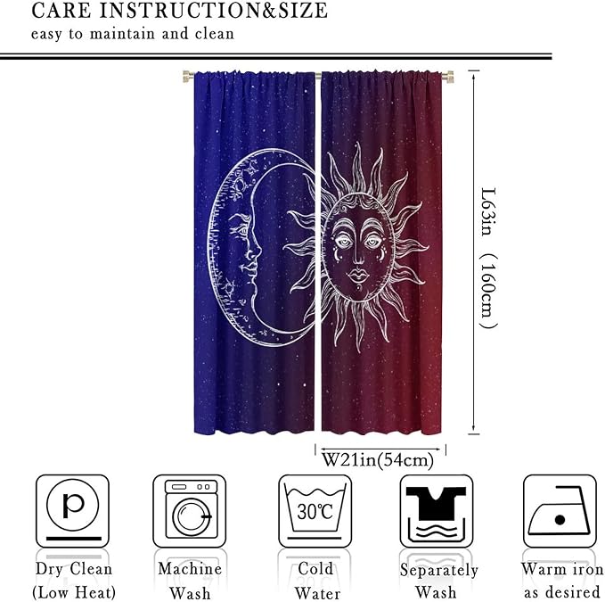 Sun Moon Blackout Windows Curtains, Burning Sun Moon Red Blue Cosmic Galaxy Bohemian Curtains, for Living Room Bedroom 42x63in 2 Panels