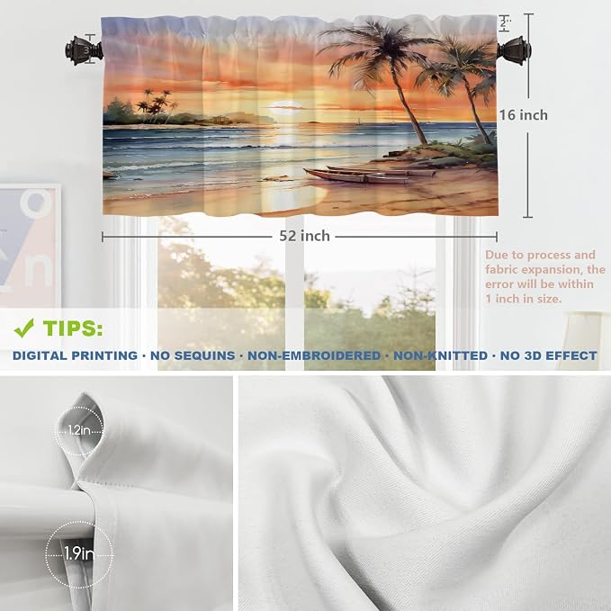 Shrahala Summer Sunset Beach Kitchen Valances, Tropical Seaside Scene Half Window Curtain Window Treatment Multilayer Polyester Blackout for Living Room Bathroom 2 Pack 52 X 16 in