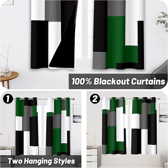 Tyrot Green 100% Blackout Curtains 45 inch Length 2 Panels Set White Grey Modern Abstract Geometric Drapes for Kitchen Black Out Curtains Insulated Room Darkening Small Window Curtains, 42Wx45L