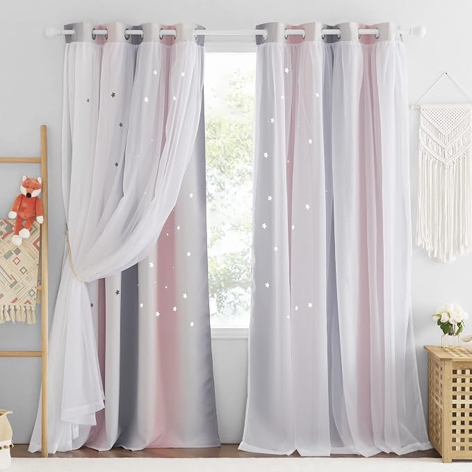 NICETOWN Curtains for Girls Bedroom Kids Curtain Hollow-Out Star Window Drapes Curtain 63 inches Length Room Darkening Grommet 2 Layers, 2 Panels, Pink & Grey, W52 x L63 inches