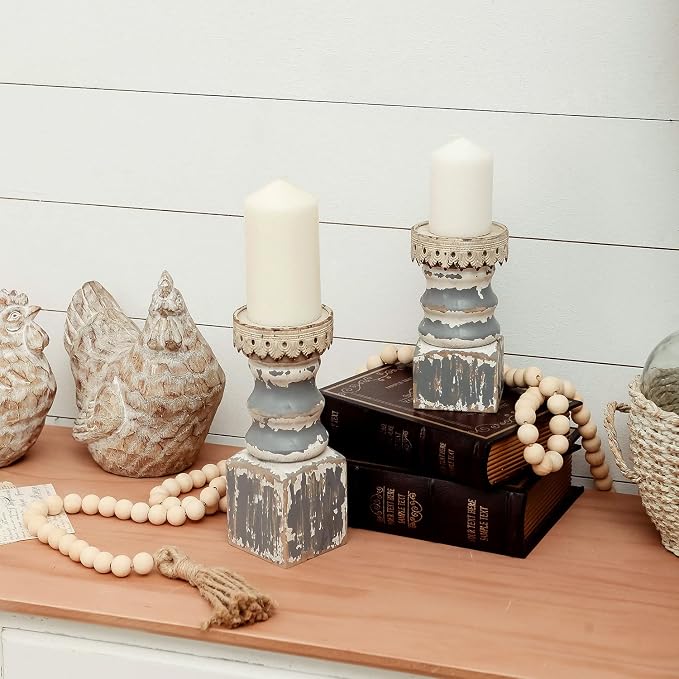 NIKKY HOME Farmhouse Rustic Solid Wood Pillar Candle Holders Set of 2, Grey | Distressed Wooden Candle Pedestals, Decorative Pillar Stands for Mantels, Fireplaces, Centerpieces Tables, Shabby Chic Decor