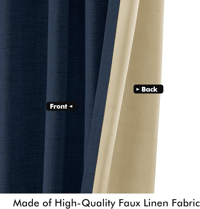 MIULEE 100% Blackout Linen Curtains for Bedroom, Midnight Blue Solid Luxury Decor Thermal Insulation Room Darkening Drapes for Living Room Back Tab Rod Pocket 42 x 63 Inches, 2 Panels