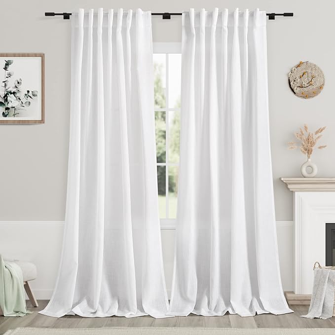 White Semi Sheer Linen Curtains 95 inch Length for Living Room Back Tab Rod Pocket Modern Farmhouse Coastal Decor Off White Cotton Textured Gauze Curtains 95 inches Long for Dining Room Office