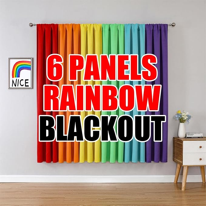 THOOO 6 Panel Blackout Rainbow Curtains for Bedroom & Living Room - 72 Inch Long, Darkening Rod Pocket Curtains with Colorful Drapes in Red, Orange, Yellow, Green, Blue, Purple