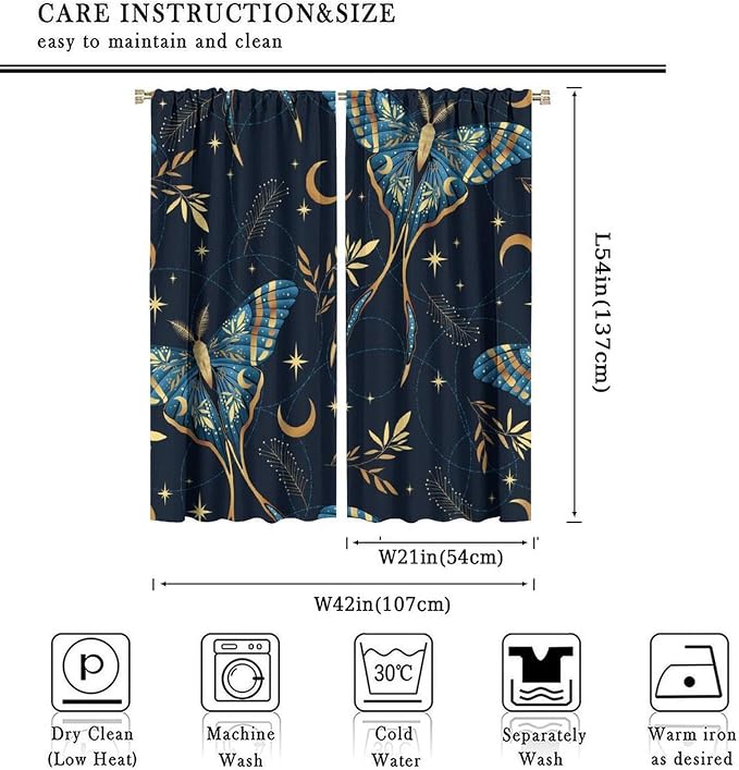 Witchy Curtains, Goth Curtains, Moth Decor, Star Curtains, Moth Curtains Darkening Curtains Botanical Curtains for Bedroom Living Room W42xL54 Inch