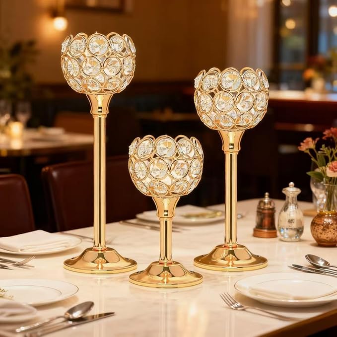 Candle Holder Candlestick Holders- 1Set Gold Crystal Pillar Candle Holders,Metal Candlestick Stands for Wedding Centerpieces,Table Decor for Church,Valentine's Day Housewarming Gift,3Pcs