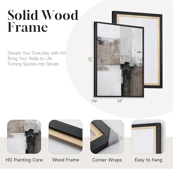 Framed Abstract Black and White Brown Wall Art for Living Room, Set of 2 Large Modern Prints Canvas Artwork for Walls, Minimalist Paintings Pictures Abstract Wall Decor for Bedroom Hallway, 24x36 Inch